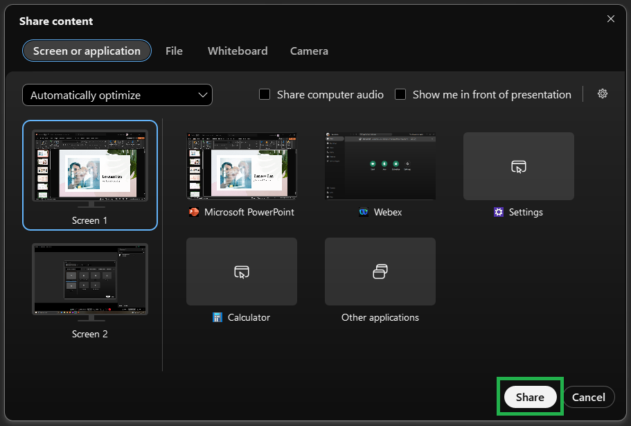A screenshot of the Share content window in Webex.