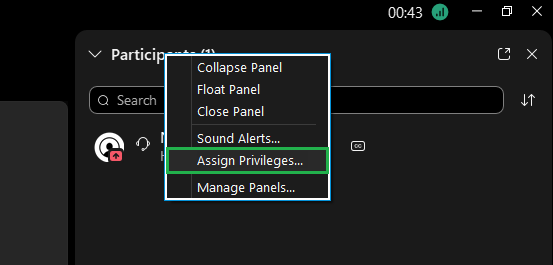 A screenshot of the Participants drop-down menu in Webex.