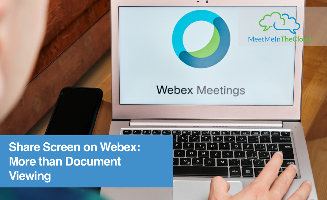 A laptop displays the Webex Meetings logo as a host gets ready to use the share screen on Webex feature.